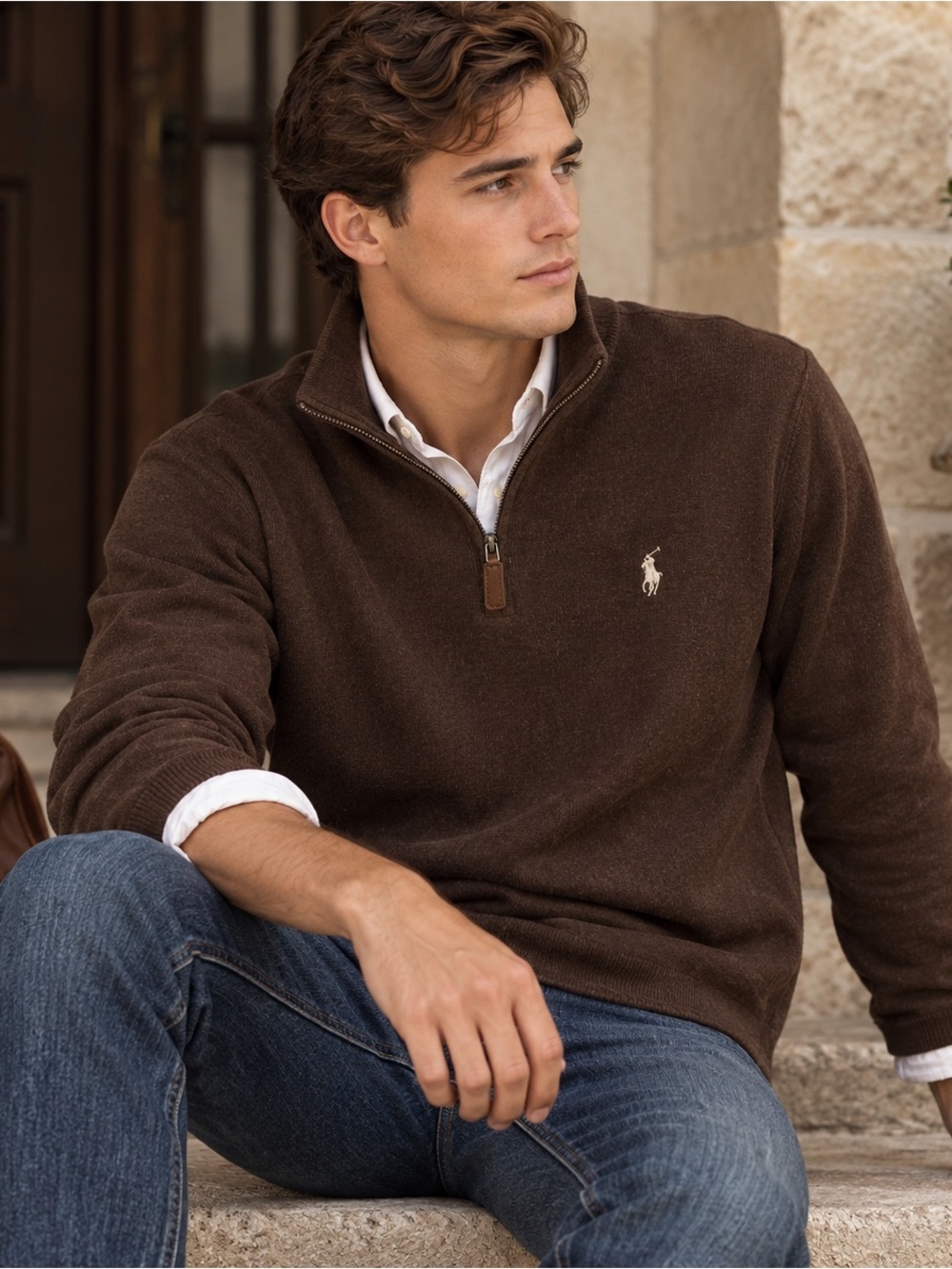 Polo Ralph Lauren Men’s Quarter Zip Sweater M Brown 100% Cotton Classic Preppy